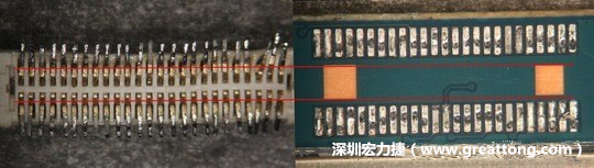 把板對板連接器與其電路板的佈線焊墊作一個比較，端子的切斷面有毛邊的地方剛好對到了裸銅區。