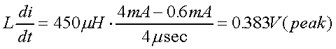 舉例來說，一個閘在"ON"而載有4mA的電流時，突然開關切到"OFF"且現在載有0.6mA的電流，假設開關時間為4msec，載有450mH的電感信號的導體，此時所產生的電壓突波為