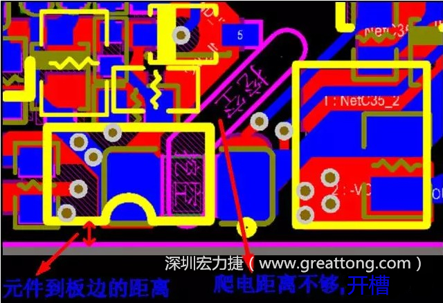 如果碰到模塊PCB空間有限，爬電距離不夠，可以采用開槽的方式