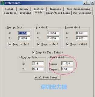  改銅皮的填充網(wǎng)格Global→Design Units，填充方向Drafting→Direction；Hatch Grid中Copper此數(shù)值為大銅箔中所填充的線條中心到中心的距離。