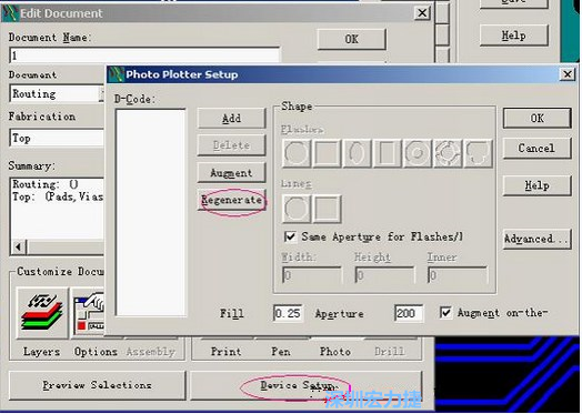 當Gerber和鉆孔都設置完后，選擇一貼片元件較多的層（一般為Top層），點擊Device SetupPhoto，將 Plotter Setup窗口D-Code欄原有的D碼刪除并按Regenerate重新生成