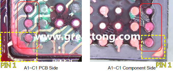 PIN-1的位置很重要，不知道Pin-1在哪里？那你怎么知道斷裂錫球在PCB的位置，如何判斷可能的應力(Stress) 影響。一般在PCB的絲印層(白漆)上面一定會標示零件的PIN-1位置，有的未打一個圓點，有的會畫三角形，但這張照片在PCB的PIN-1被紅墨水遮住了，如果可以的話建議那一塊沒有紅墨水的板子對照一下。
