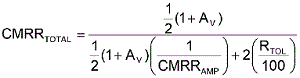 方程式1是從理想運算放大器的CMRR等式中匯出，其中CMRRAMP被假定為非常大(無窮大)。