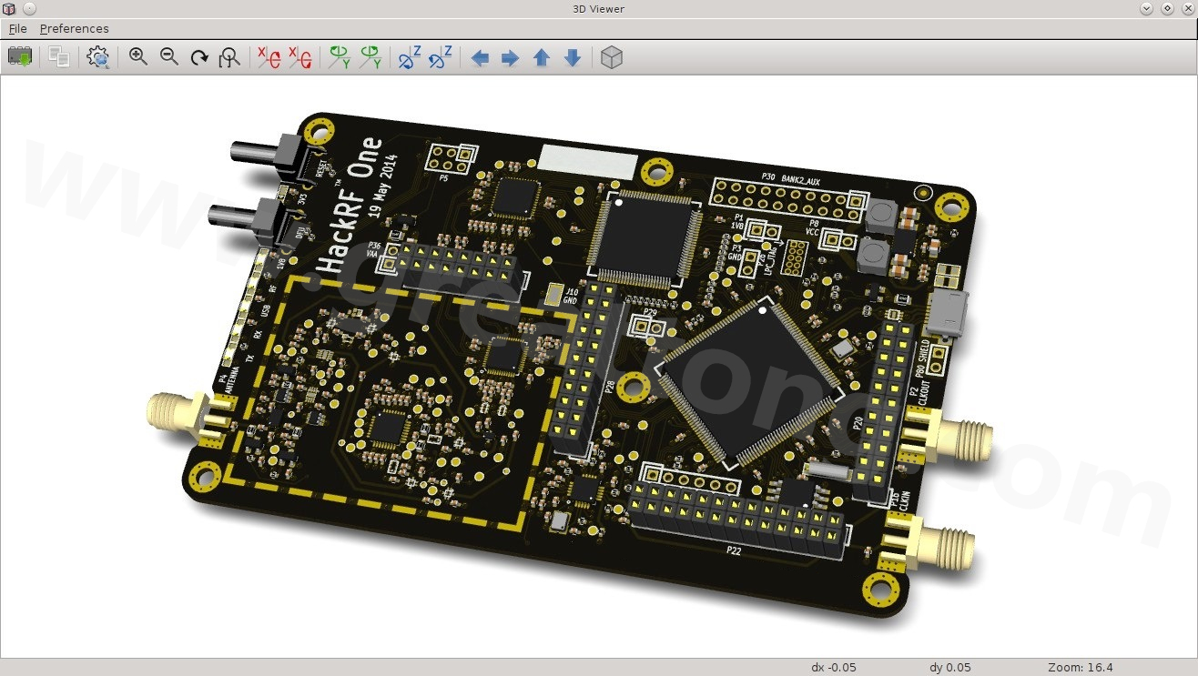 經KiCad軟體3D功能渲染過的HackRF One電路板。