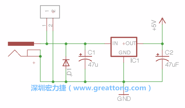 2.5.    新增一個二極體，它會以水平的狀態出現在屏幕上，請使用「旋轉（Rotate）」工具把它負極那一面朝上，并且用「網絡連接」工具將它連接在電壓調整器的輸入端和接地端之間。