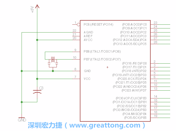 3.2.    在靠近ATmega的電源供應針腳7的位置放置一個0.1μF的電容，將它分別連接電源、接地端和針腳7。