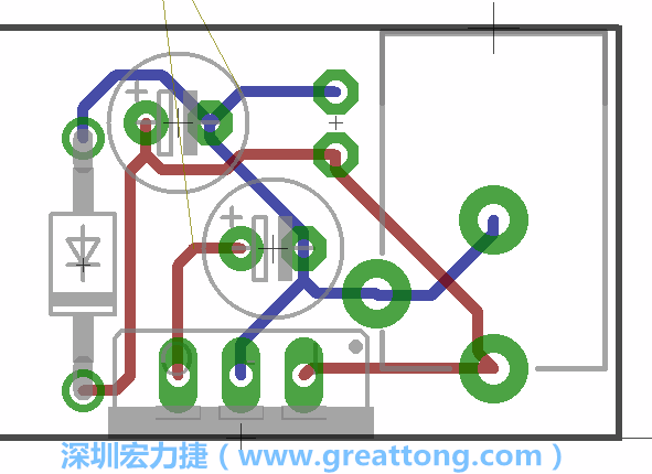 接地連結點的布線情形如下圖所示，利用這個練習來避免電路連線銳角化的產生是一個不錯的選擇，你可以在工具列中的彎曲線路（Wire Bend）選項里改變各種布線的變化。