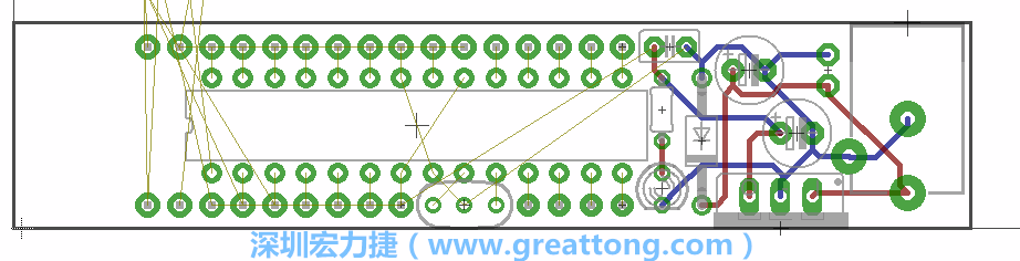 將ATmega微控制器、三個GPIO排針（JP2, JP3, JP4）和諧振器（resonator）排置如上圖所示。