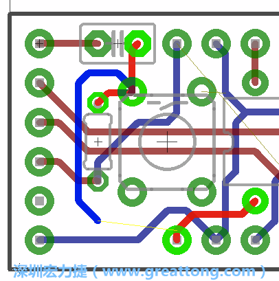 要在電路板正面進行+5V信號線連結和其他連結點的布線工作是非常容易的，而重置信號線（信號線用來連結電路板正面左邊的重置開關）需要經過一個可以通過電路板正反兩面的電路通道，這個通道是一個可以讓電路板正反兩面線路連接的一個小孔。